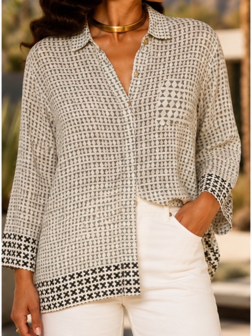 Dr Bloom Black White Geometric Print Viscose Blouse Women’s M/L